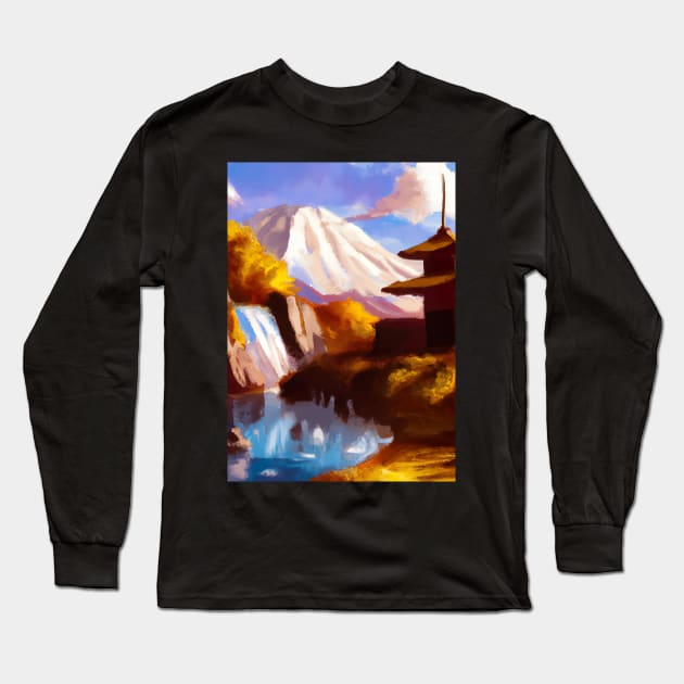 Japan Tower Waterfall Painting Long Sleeve T-Shirt by maxcode